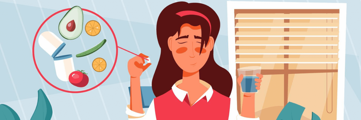 An illustration shows a woman with her eyes closed holding a glass of water in one hand and a pill in the other, with a circular overlay highlighting foods like avocado, cucumber, tomato, citrus slices, and capsules. The background is light blue with subtle diagonal lines, indoor plants, and a window with beige blinds.