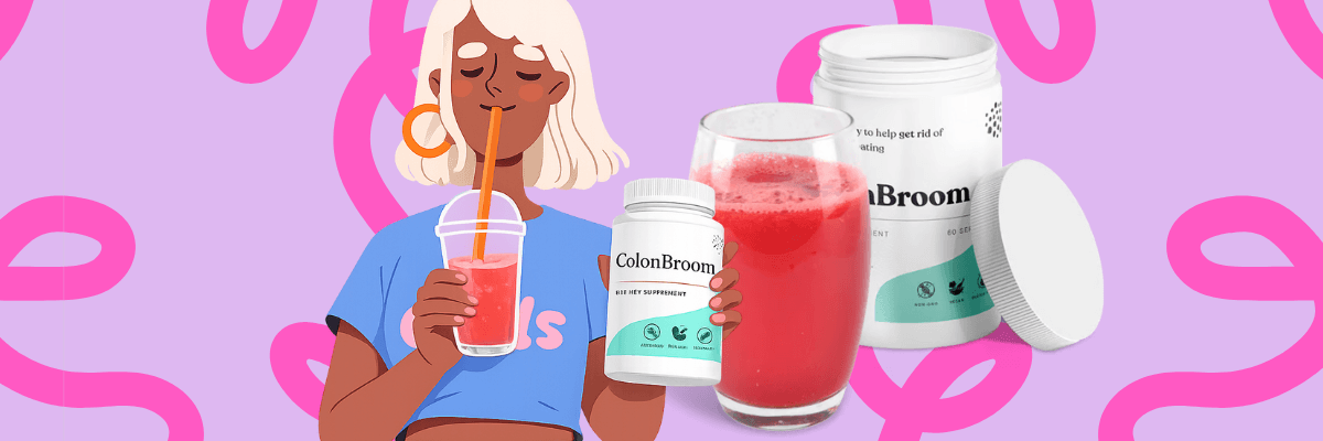 Illustration of a woman with short white hair sipping a bright red drink through a straw while holding a ColonBroom supplement bottle. A large glass of the red drink and an open ColonBroom container sit beside her against a pink, swirly background.