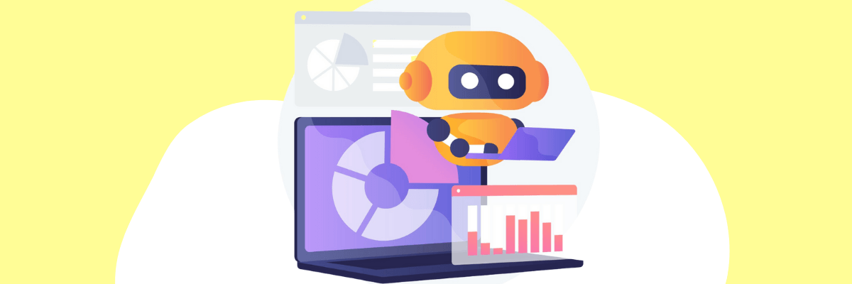 Illustration of a small orange robot floating in front of a laptop screen showing charts and graphs. The background is pale yellow with a white circular shape behind the robot and dashboard visuals.