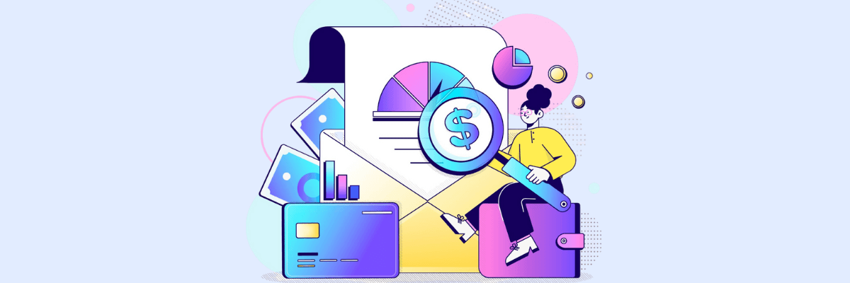 Illustration of a person sitting on a large wallet, reviewing charts, graphs, and a document with a dollar sign, surrounded by floating financial icons. The soft pastel background features abstract shapes and dots in light blue, pink, and yellow.