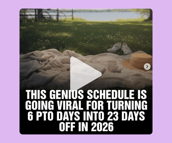 Thumbnail-style image of a cozy picnic blanket laid out on green grass near a lake, with shoes, a straw hat, and a mug resting on top, suggesting a slow, off-duty afternoon. Bold text over the image reads, âThis genius schedule is going viral for turning 6 PTO days into 23 days off in 2026,â.