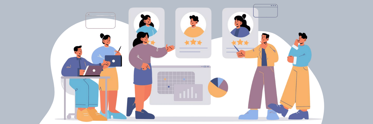 Illustration of a small team collaborating around screens that show user profiles, star ratings, charts, and data dashboards. Everyone is mid-conversation or pointing at insights.