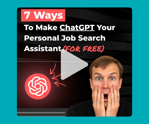 Thumbnail-style graphic with bold text reading â7 Ways to Make ChatGPT Your Personal Job Search Assistant (For Free),â alongside the ChatGPT logo and a man holding his face in a surprised expression.