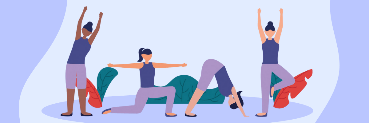 Illustration of four women moving through different yoga poses, from stretching upward to lunges and forward folds, set against a soft, calming background with leafy accents.