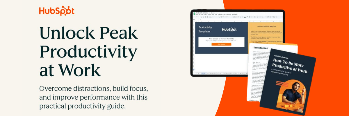 Promotional graphic from HubSpot with the headline āUnlock Peak Productivity at Work,ā alongside screenshots of a digital template and a productivity guide in orange-and-cream design.