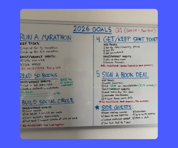 Photo of a whiteboard filled with neatly written 2026 goals, broken down by categories like running a marathon, reading books, and building habits, with checklists and milestones for Q1 with blue and black marker notes.