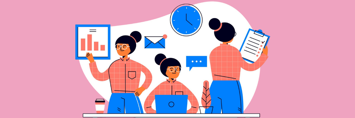 Illustration on a soft pink background with a white abstract blob behind three women working, creating a layered overlay effect. The women review charts, type on a laptop, and check a clipboard, surrounded by floating icons like a clock, email, and chat bubbles.