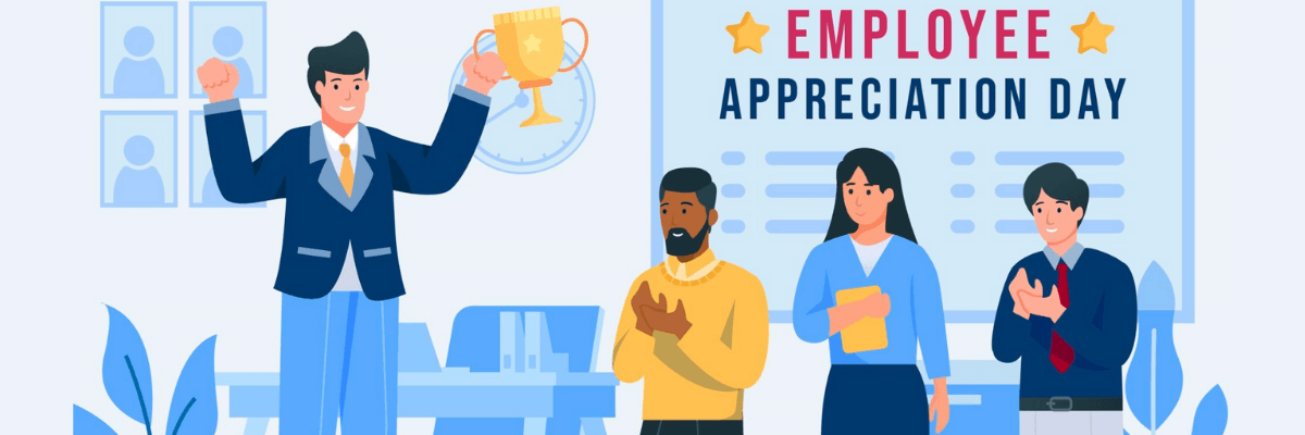 An illustrated office scene shows a manager in a navy suit holding up a gold trophy while three coworkers stand nearby clapping, one holding a folder, in front of a large board labeled “Employee Appreciation Day.” The background uses soft blue and white tones with office furniture, framed portraits, and leafy plants.