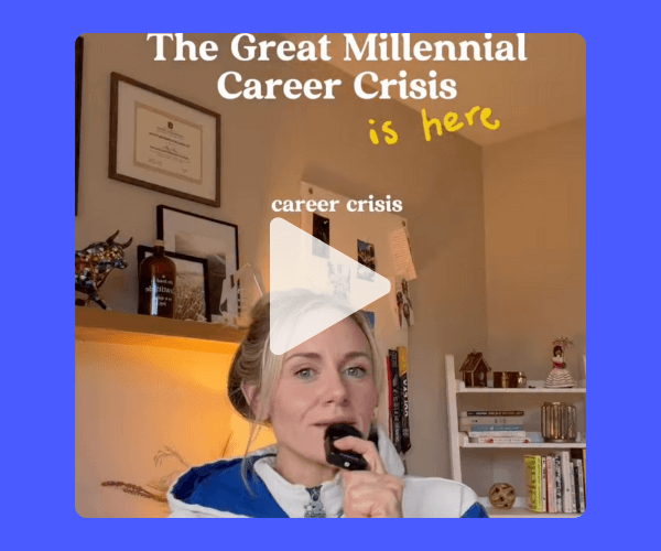 A video thumbnail shows a woman holding a small microphone in a cozy home office, with on-screen text reading “The Great Millennial Career Crisis is here” and “career crisis.” The background features warm beige walls, a softly lit shelf with books, framed art, and decor, all surrounded by a solid bright blue overlay frame that contrasts with the warm interior tones.