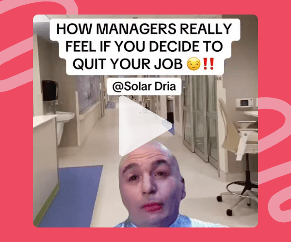 A video still shows a bald person speaking directly to the camera in a brightly lit hospital or clinic hallway, with exam rooms, rolling stools, counters, and medical equipment visible in the background. The video is framed by a pink-red wavy overlay border, with a large translucent play button in the center and bold white text at the top reading, “How managers really feel if you decide to quit your job,” followed by emojis and a username tag.