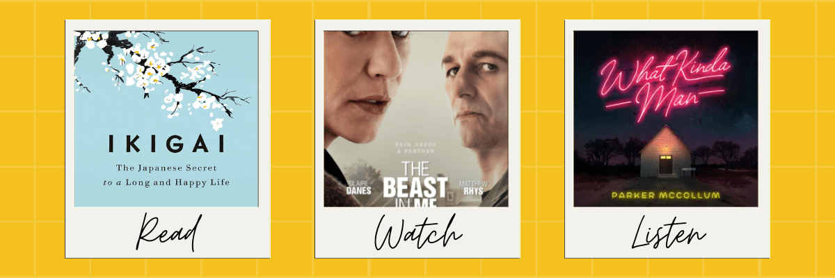 Three side-by-side recommendation cards labeled âRead,â âWatch,â and âListen,â featuring a calm book cover about finding purpose, a dramatic movie poster with two intense faces, and a neon-style album cover glowing against a dark background. Set on a bright yellow grid.