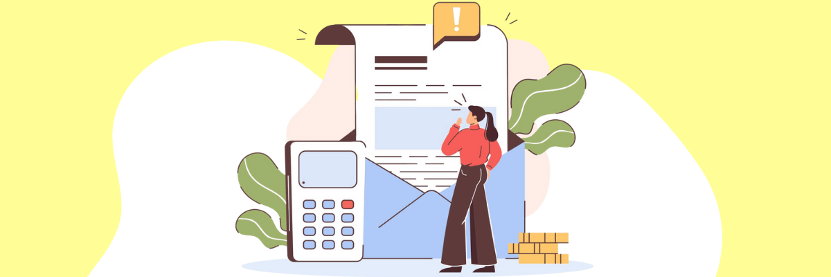 Illustration of a woman standing beside an oversized bill and envelope, holding her phone while looking concerned, with a calculator and stacked coins nearby. The bright yellow background.