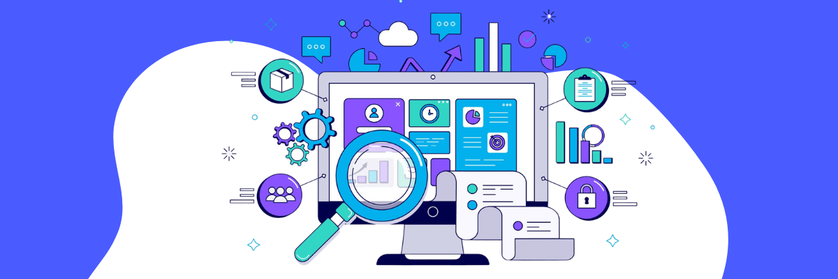 Illustration of a desktop screen filled with dashboards, charts, and app windows, with a large magnifying glass zooming in on the data. Surrounded by icons for analytics, security, and users against a bright blue background.