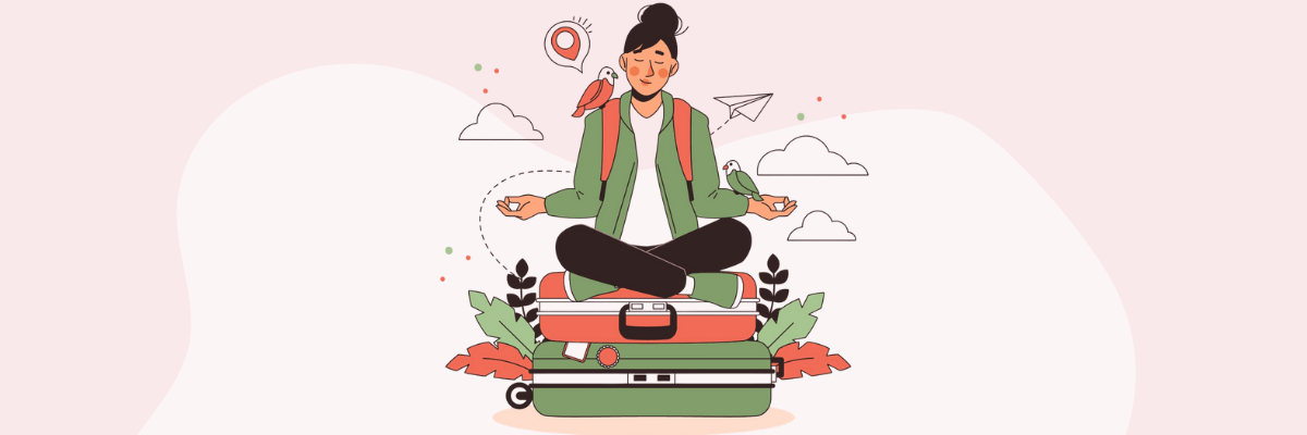 Illustration of a woman sitting cross-legged in a meditation pose on top of stacked suitcases, eyes closed and looking calm. With soft clouds, plants, and travel icons in the background.