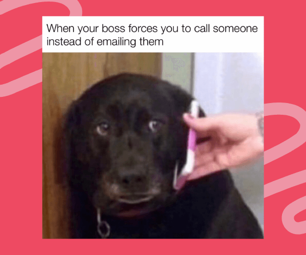 Meme-style image of a sad-looking black dog holding a phone to its ear, with text that reads, “When your boss forces you to call someone instead of emailing them.” The image sits on a bright pink overlay background.