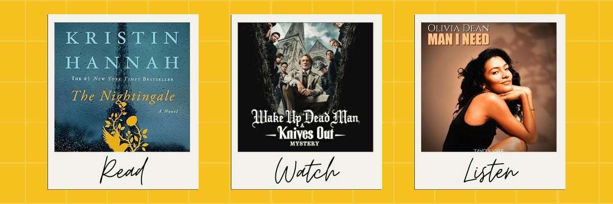 Three side-by-side recommendation cards labeled “Read,” “Watch,” and “Listen,” featuring a moody historical fiction book cover, a suspenseful ensemble movie poster, and a warm, confident album cover. Set on a bright yellow grid background