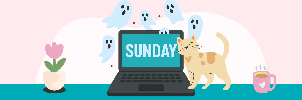 Illustration of a laptop on a desk with the word “Sunday” on the screen, surrounded by little ghost shapes floating overhead. A cat rubs against the laptop while a coffee mug steams nearby.