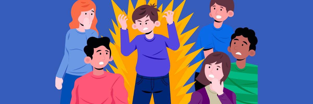 Illustration of a stressed person in the center clutching their head, surrounded by others looking concerned or unsure. The bold blue background and sharp yellow burst behind the main figure heighten the tension.
