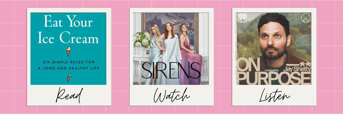 Three side-by-side recommendation cards labeled âRead,â âWatch,â and âListen,â featuring a bold teal book cover about healthy living, a glamorous TV show poster with three women in elegant dresses, and a podcast cover with a thoughtful portrait. Set on a pink grid background.