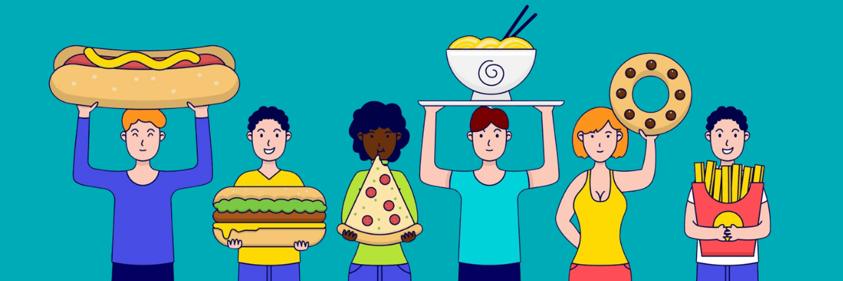 Illustration on a solid teal background showing a row of six people standing side by side, each holding an oversized comfort food. From left to right: one person lifts a giant hot dog overhead, another cradles a stacked cheeseburger, a third holds a large slice of pizza in front of their chest, the next raises a bowl of noodles with chopsticks, another holds up an oversized donut, and the last hugs a carton of fries.