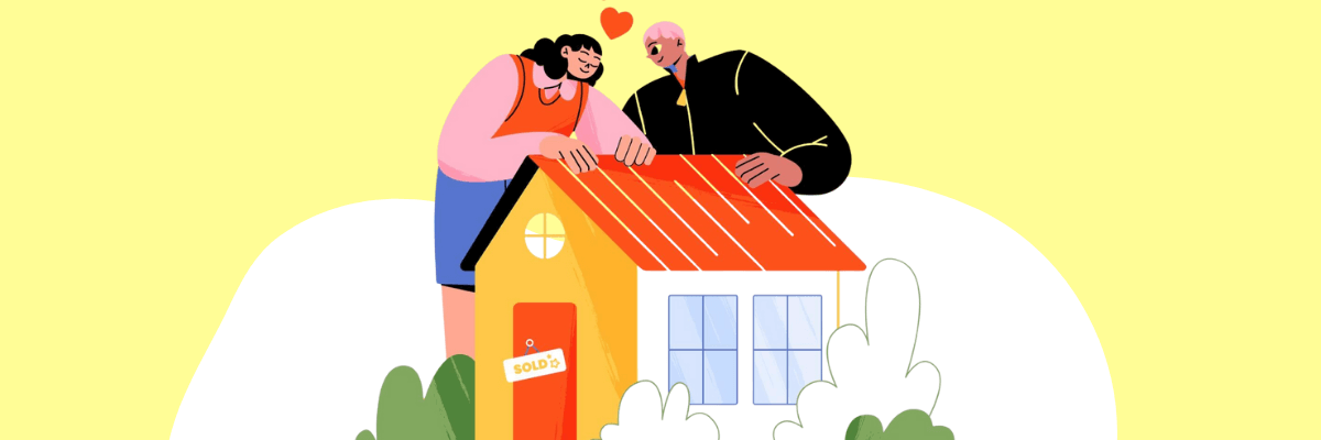 Illustration of a couple smiling and leaning together over a small yellow house with a red roof, a âsoldâ sign on the door, and a heart floating above them. Set against a soft yellow background with simple greenery.
