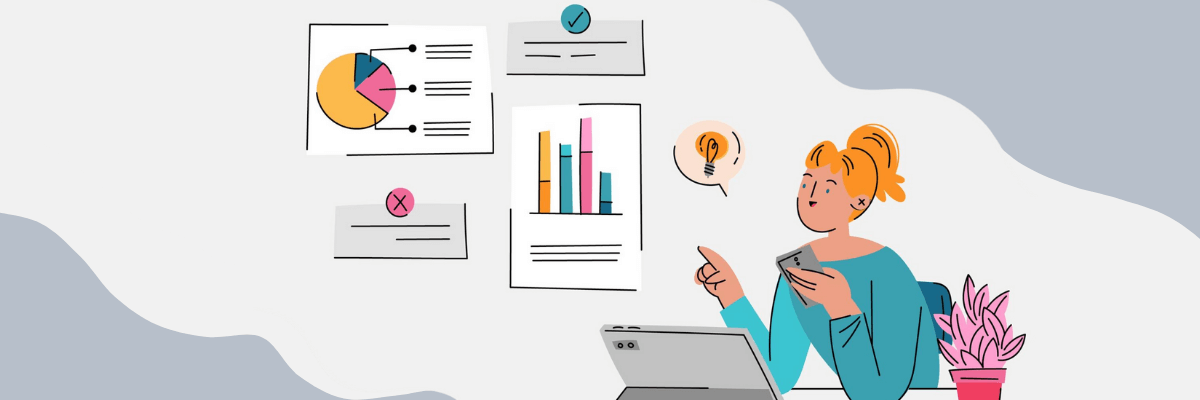 An illustrated woman with orange hair sits at a desk holding a phone, with a tablet in front of her and charts floating nearby, including a pie chart, bar graph, and checkmark icons. The background is soft white and light gray with abstract, wavy shapes, accented by muted teal, peach, and pink tones, plus a small pink plant on the desk.
