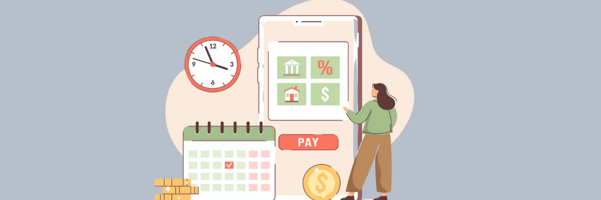 Illustration of a woman standing beside an oversized smartphone showing bill icons for banking, home, interest rate, and money, with a large “Pay” button. A wall clock, calendar with a checked date, coins, and stacked cash in the background suggest managing payments and due dates.