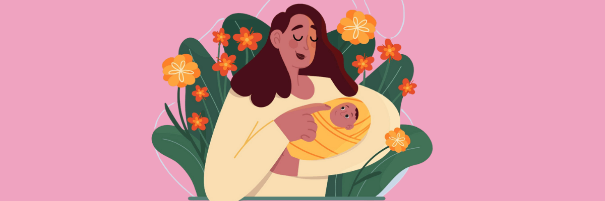 Illustration of a woman with long dark hair gently cradling a swaddled newborn, surrounded by large green leaves and orange flowers against a pink background. The scene feels warm and calm, emphasizing care and tenderness.