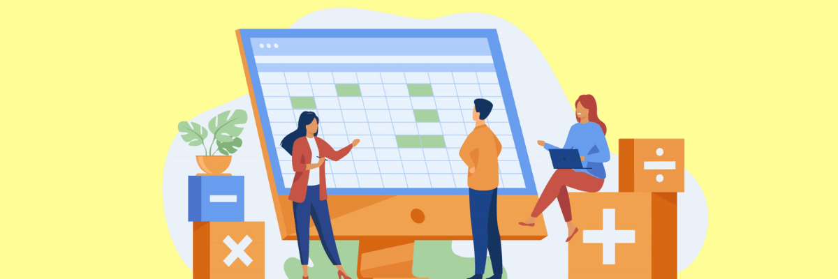 Illustration of three coworkers gathered around a large digital calendar, pointing to scheduled blocks while one person works on a laptop nearby. Set against a soft yellow background with plants and math-style icons.