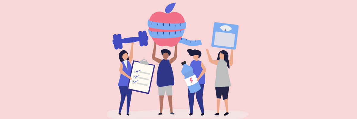 Illustration of four people holding wellness symbols like a dumbbell, checklist, water bottle, scale, and a large apple wrapped with a measuring tape. Set against a soft pink background.