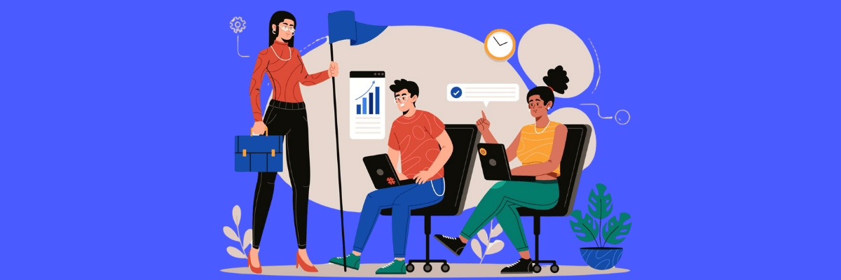 Illustration of three coworkers collaborating in a shared workspace, with one person standing confidently holding a flag while the others work on laptops. Surrounded by charts, a clock, and plants against a bold blue background, it gives off a leadership-meets-teamwork, “we’re moving forward together” kind of energy.