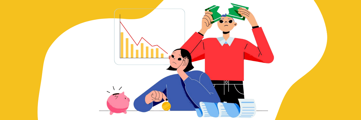 Illustration of two people looking stressed about money, with one counting bills overhead while the other sits at a desk next to a piggy bank and paperwork. A downward-trending chart and a bold yellow-and-white background.