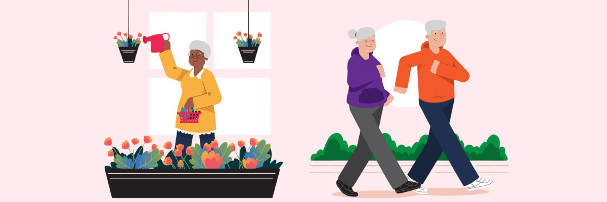 An illustration on a soft pink background shows an older woman watering colorful flowers in window boxes and a large planter, while on the right an older couple walks side by side outdoors past green shrubs.