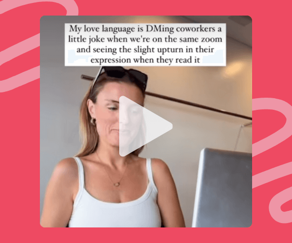 A woman sits at a laptop with a neutral-to-amused expression, wearing a white tank top and sunglasses on her head, as a white text overlay above her reads about DMing coworkers a joke during the same Zoom call. The image is framed by a bright pink-red background with wavy patterns, emphasizing the meme-style, playful tone.