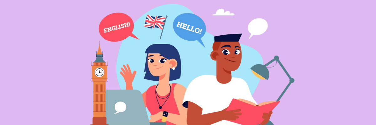 Illustration of two people studying English together, with speech bubbles saying “English!” and “Hello!” and a UK flag in the background. One person works on a laptop while the other reads a book under a desk lamp, with Big Ben shown to suggest learning the language.