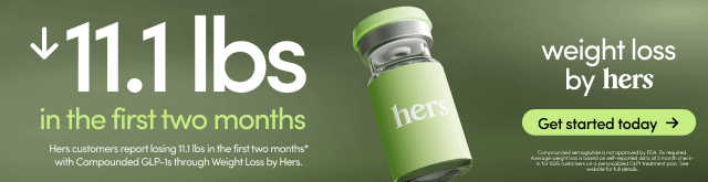 A wide banner ad with a soft olive-green gradient background features a tilted green “hers” medication vial on the right and large white text on the left reading “↓11.1 lbs in the first two months.” Smaller text below explains the weight-loss claim, with a bright green “Get started today” button on the right and subtle medical fine print along the bottom.