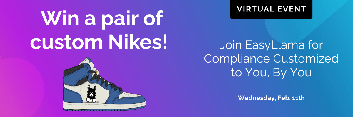 Blue-to-purple gradient banner showing a custom Nike sneaker and the headline “Win a pair of custom Nikes!” promoting an EasyLlama virtual compliance event. The date and callout text sit on the right against the colorful background.