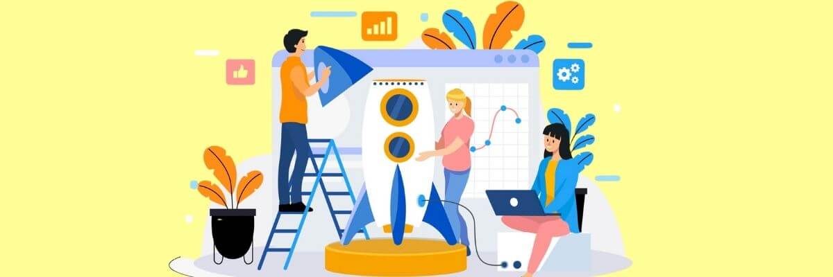 Three people prepare a large rocket, with one on a ladder and another working on a laptop. Charts, gears, and plants surround them on a bright yellow background.