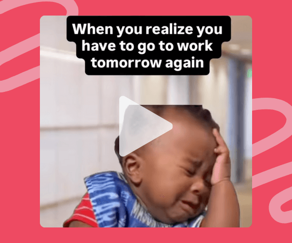 A baby wearing a backpack cries while holding their head in a blurred indoor setting. Text over the image reads, “When you realize you have to go to work tomorrow again.”