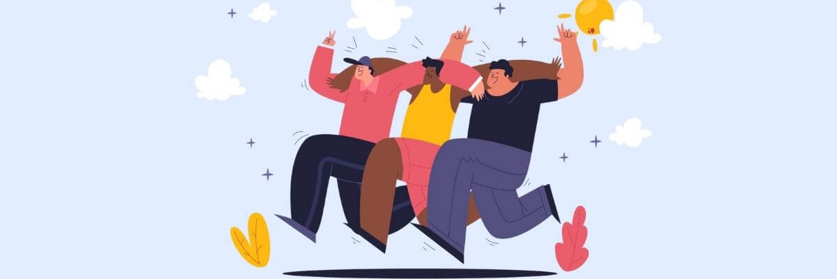 Three illustrated people run forward together with their arms raised, smiling as if celebrating or cheering. Small clouds and leaves decorate the background, adding a light, energetic feel.
