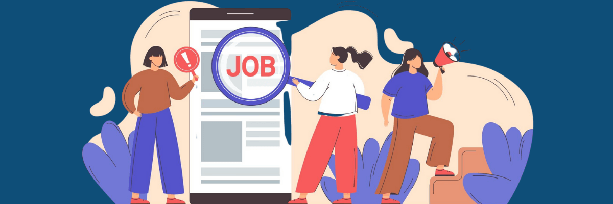 illustration of three women standing around an oversized smartphone displaying a job listing, with a large magnifying glass highlighting the word “JOB.” One woman holds a warning symbol, another gestures toward the listing, and the third speaks into a megaphone, suggesting job searching, hiring announcements, or career opportunities.