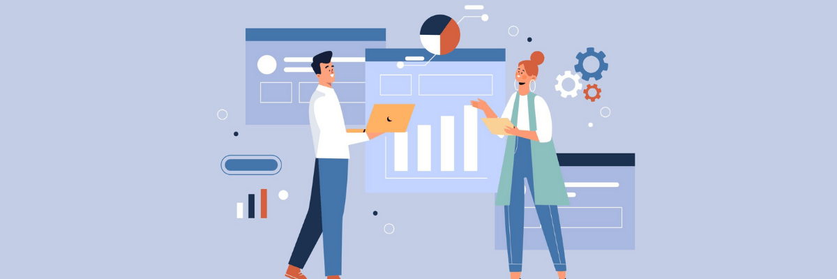 Illustration of a man and a woman standing and discussing work while holding laptops, surrounded by floating charts, bar graphs, a pie chart, and gear icons. The muted blue and orange color palette and dashboard-style graphics suggest collaboration, data analysis, and strategic planning.