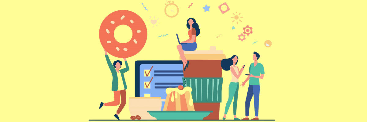 An illustration of people gathered around oversized coffee and breakfast items, with one person holding a giant donut while others chat and work on a laptop, symbolizing teamwork, productivity, and starting the day energized.