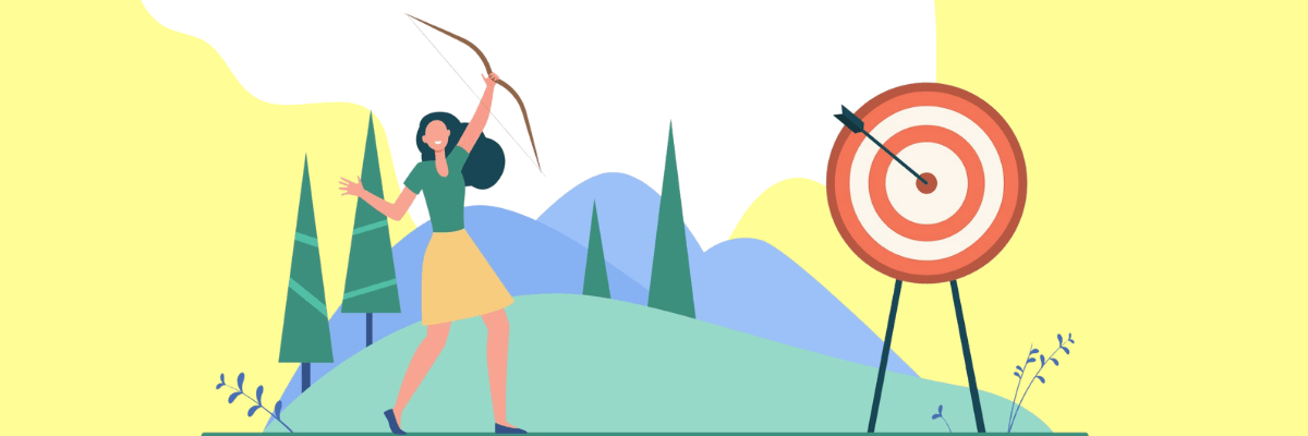 An illustration of a woman outdoors pulling back a bow and arrow as she aims at a target with an arrow hitting the bullseye, symbolizing focus, goal-setting, and confidently aiming for success.