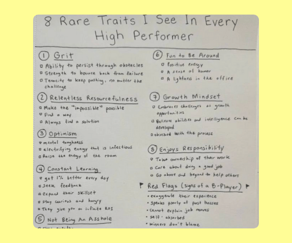 A handwritten note lists eight traits like grit, resourcefulness, optimism, and growth mindset in numbered sections. The page looks like a photographed notebook with pen writing and bullet points.