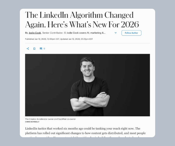 A webpage headline reads “The LinkedIn Algorithm Changed Again. Here’s What’s New For 2026” with an author photo below. The layout resembles an online article with a clean white interface.
