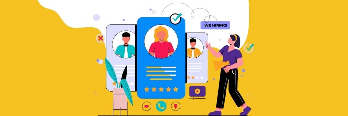 Illustration of a recruiter reviewing candidate profile cards with ratings, check marks, and a āWeāre hiring!ā sign. A woman walks past while the highlighted profile shows a selected applicant, suggesting hiring and candidate screening.