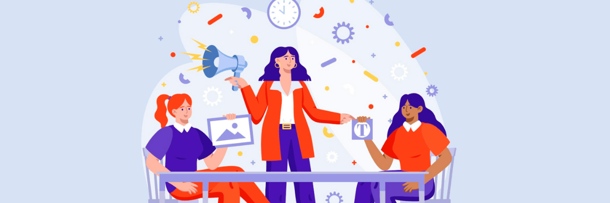 Illustration of three women at a table, with the woman in the center holding a megaphone while the others hold a photo and a document. Gears, clocks, and icons float around them, suggesting teamwork, communication, and productivity.