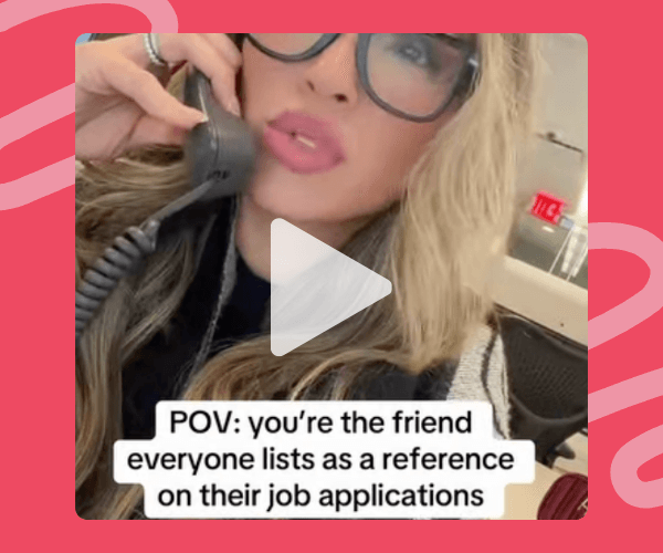Woman with glasses holding a desk phone, with text overlay that reads, āPOV: youāre the friend everyone lists as a reference on their job applications.ā The setting looks like an office, suggesting sheās jokingly fielding reference calls for friends.