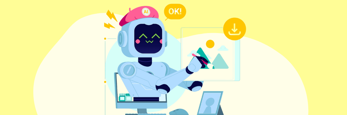 An illustration of a friendly blue robot wearing a pink beret labeled “AI,” smiling with rosy cheeks while holding a stylus and drawing on a digital screen. A speech bubble above it says “OK!” and a yellow download icon appears in the corner, with a computer monitor and tablet nearby showing simple graphics and images in progress.